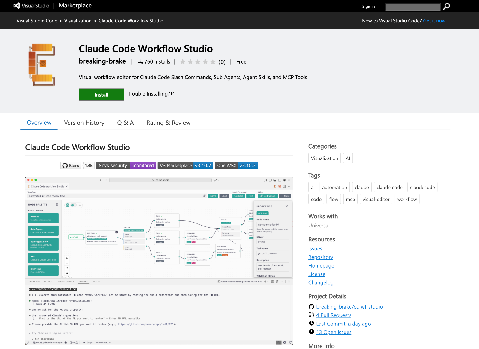 Visual Studio Marketplace 또는 Visual Studio Code내의 확장 프로그램에서 손쉽게 설치할 수 있습니다 ❘ https://marketplace.visualstudio.com/items?itemName=breaking-brake.cc-wf-studio