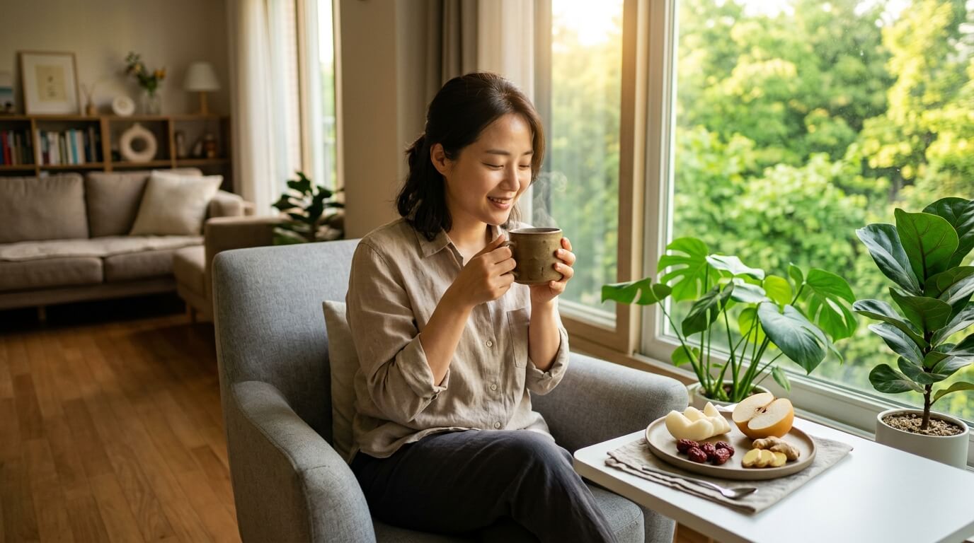 햇살이 비치는 창가에 앉아 따뜻한 배숙 차를 마시며 휴식을 취하는 한국 여성의 모습