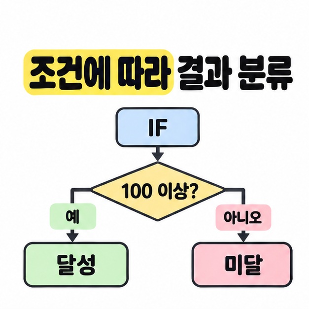 IF 함수의 100 이상 조건에서 예이면 달성, 아니오이면 미달로 나뉘는 분기 도식