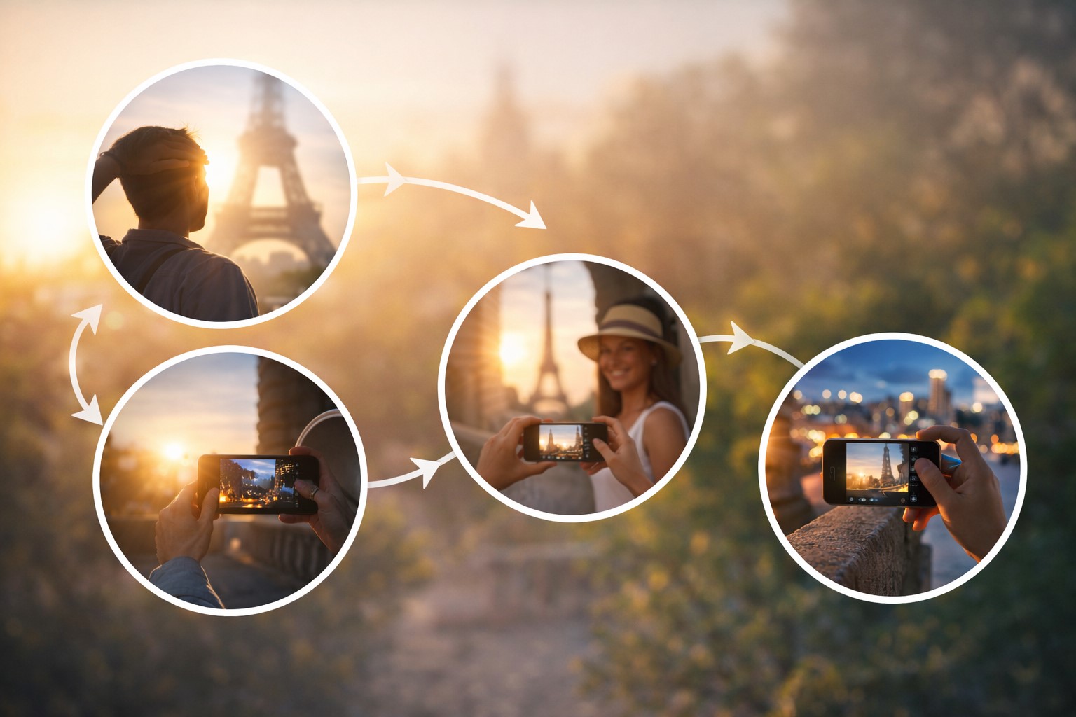 스마트폰 여행사진을 빛 확인부터 촬영과 간단 보정까지 흐름으로 정리한 요약 다이어그램