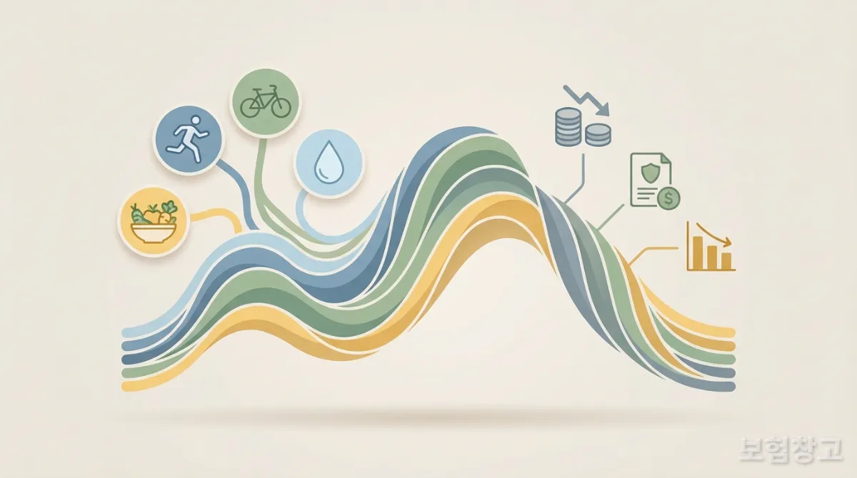 건강한 생활 습관과 보험료 할인 사이의 상관관계를 보여주는 추상적인 인포그래픽