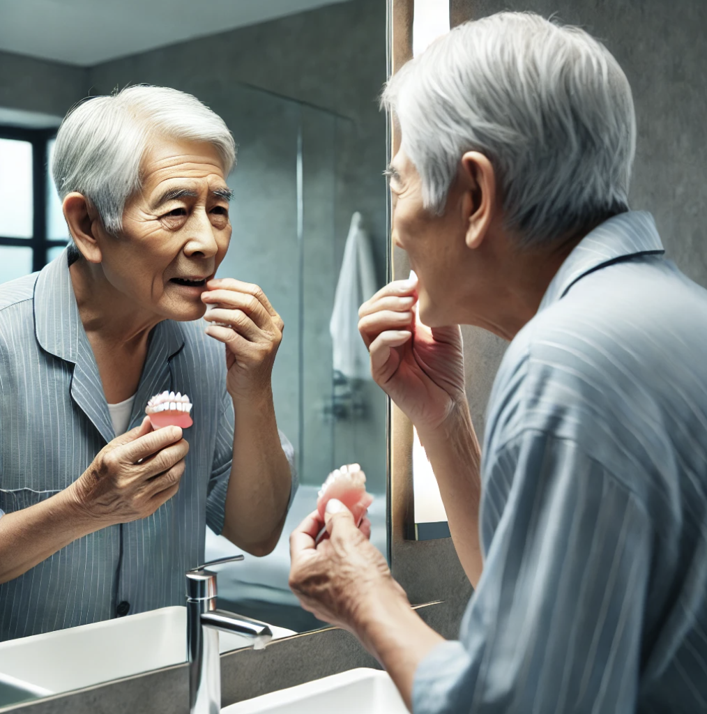 거울 앞에서 틀니를 조정 중.