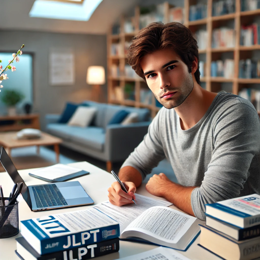 일본어 능력 시험을 준비하는 20대 남성이 현대적인 공부 환경에서 책상에 앉아 있는 모습. 일본어 교재, 노트, 노트북이 주변에 놓여 있으며, 책장이 배경에 보이는 밝고 깔끔한 실내 장면