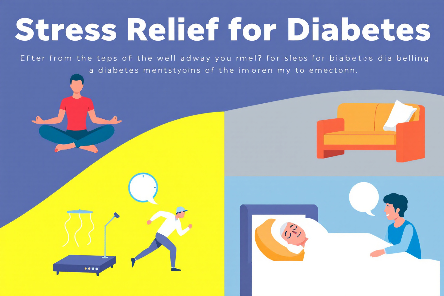 "당뇨 환자를 위한 스트레스 해소법 인포그래픽: 명상, 운동, 수면, 감정 표현 등 시각화"