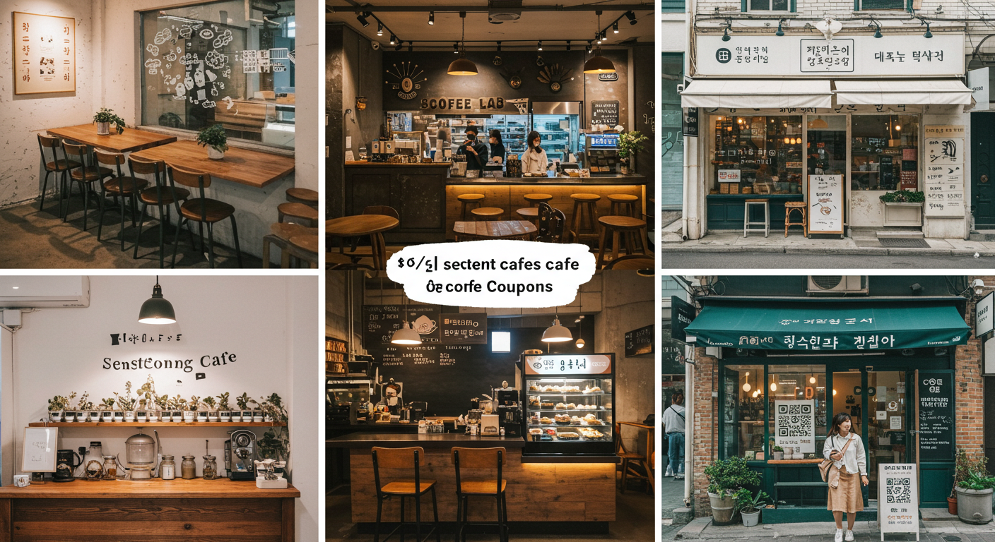 성동구와 마포구의 소비쿠폰 결제 가능한 감성 카페 3곳을 묘사한 콜라주 일러스트