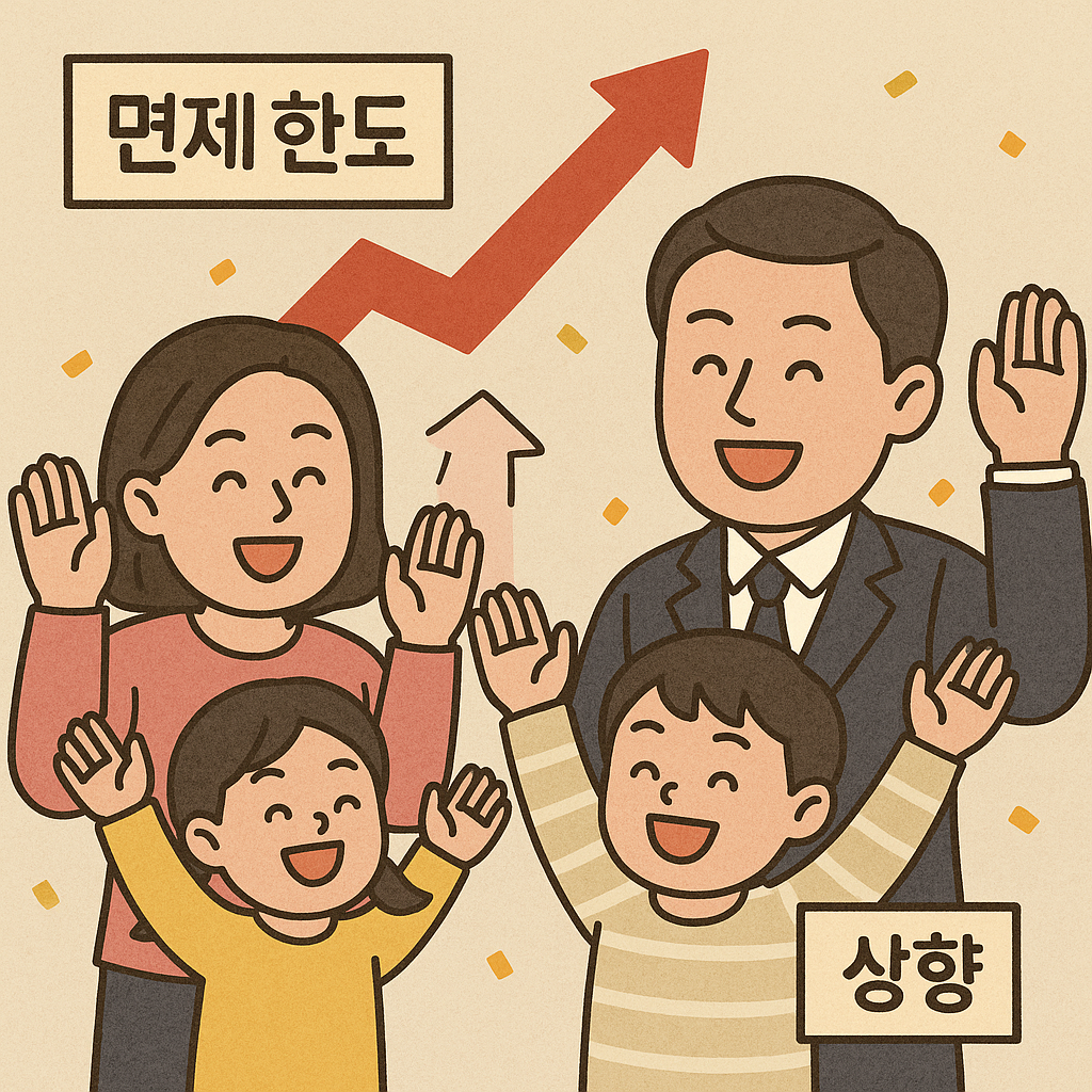 면제 한도가 상향되어 기뻐하는 가족, 축하의 순간을 표현한 일러스트