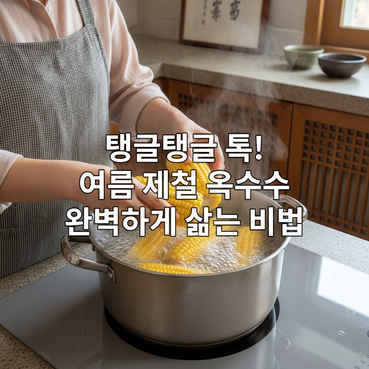 끓는 물에 신선한 옥수수를 넣는 한국 여성의 손, 탱글한 식감을 살리는 여름 제철 옥수수 삶는 법.