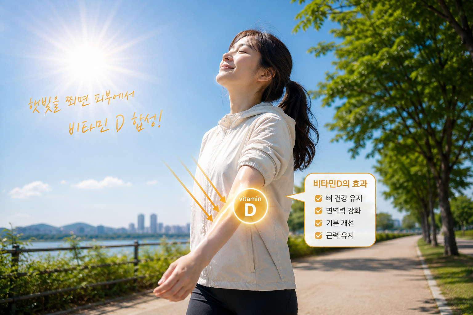여름 햇빛 아래 팔을 걷고 산책하며 비타민D를 합성하는 모습