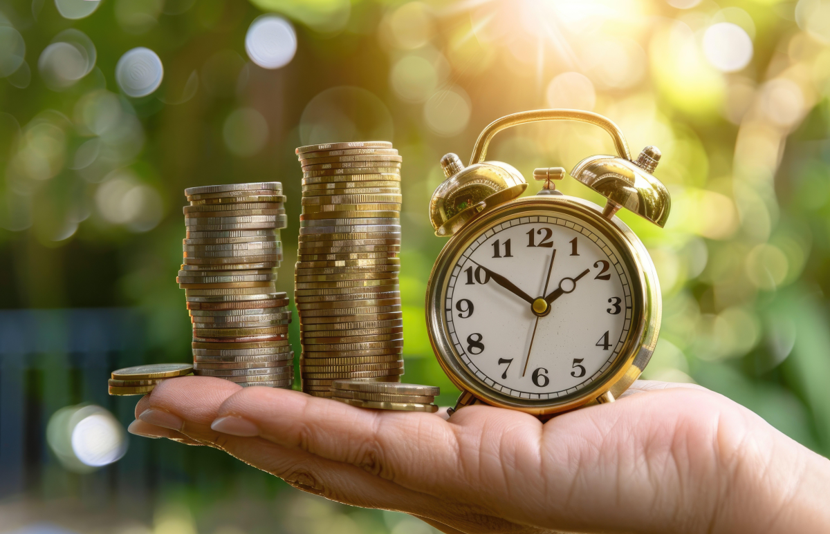 A photo of a pile of coins and a watch placed on a palm.
