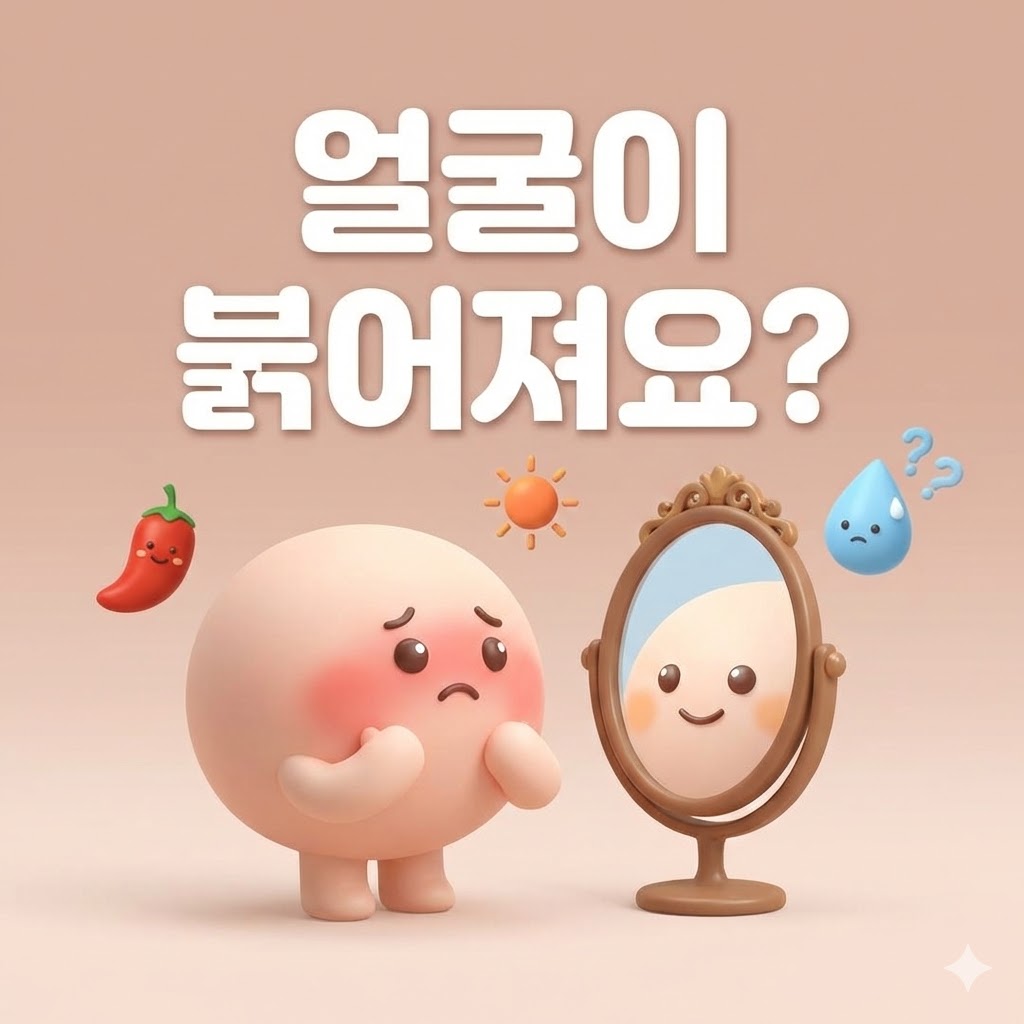 얼굴이 붉어져서 거울을 보며 걱정하는 귀여운 3D 카툰 캐릭터가 홍조의 다양한 원인을 생각하는 모습