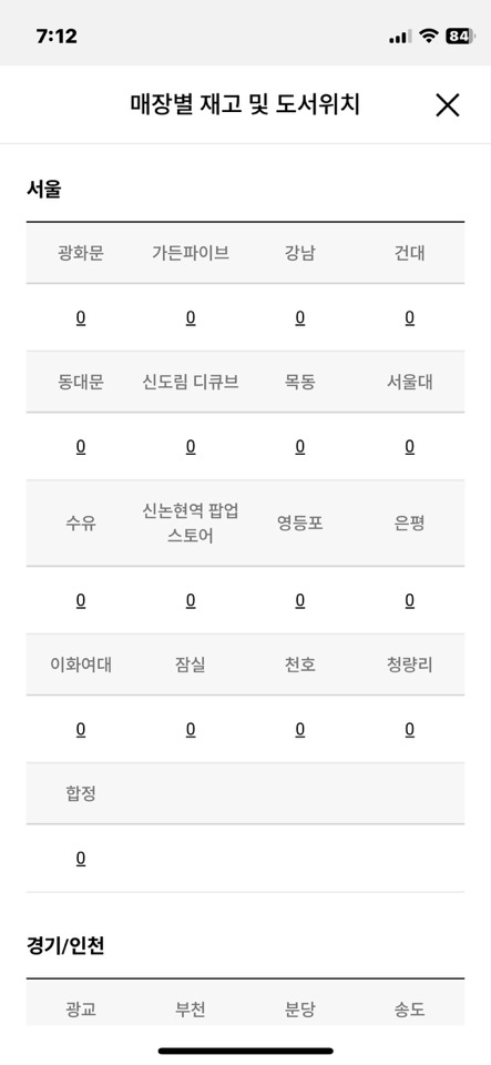 교보문고 매장별 재고 확인