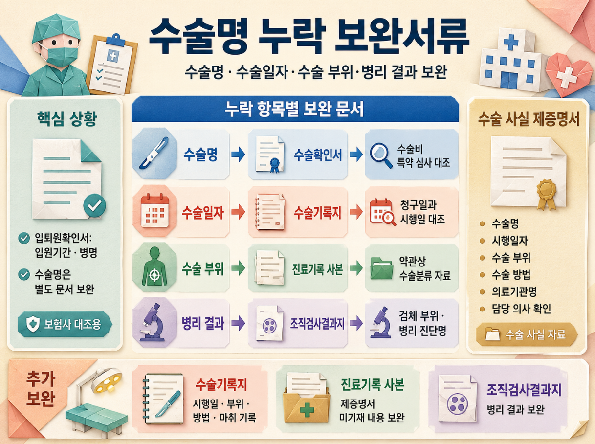 수술명 누락 시 수술확인서, 수술기록지, 진료기록 사본, 조직검사결과지로 보완하는 기준을 정리한 메디컬 인포그래픽
