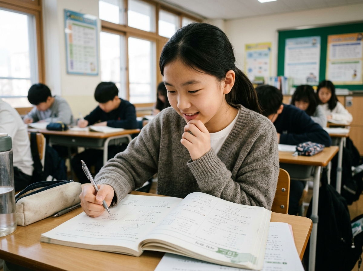 초중등 학생이 책상에 앉아 수학 교재를 보며 집중하는 모습
