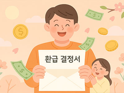 환급 결정서를 들고 기뻐하는 가족 &ndash; 근로장려금 수령 표현 일러스트