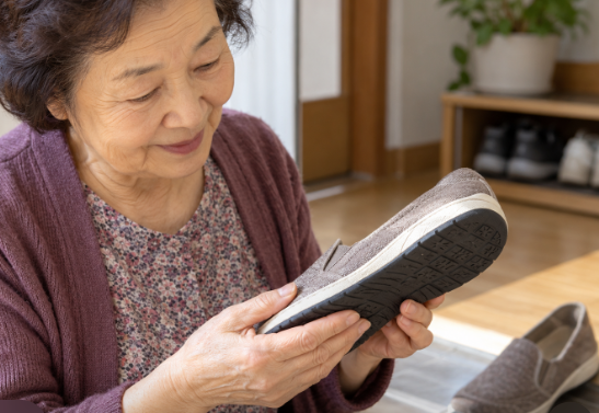 수선이 끝난 오래된 슬립온의 새 밑창을 살펴보는 70대 엄마