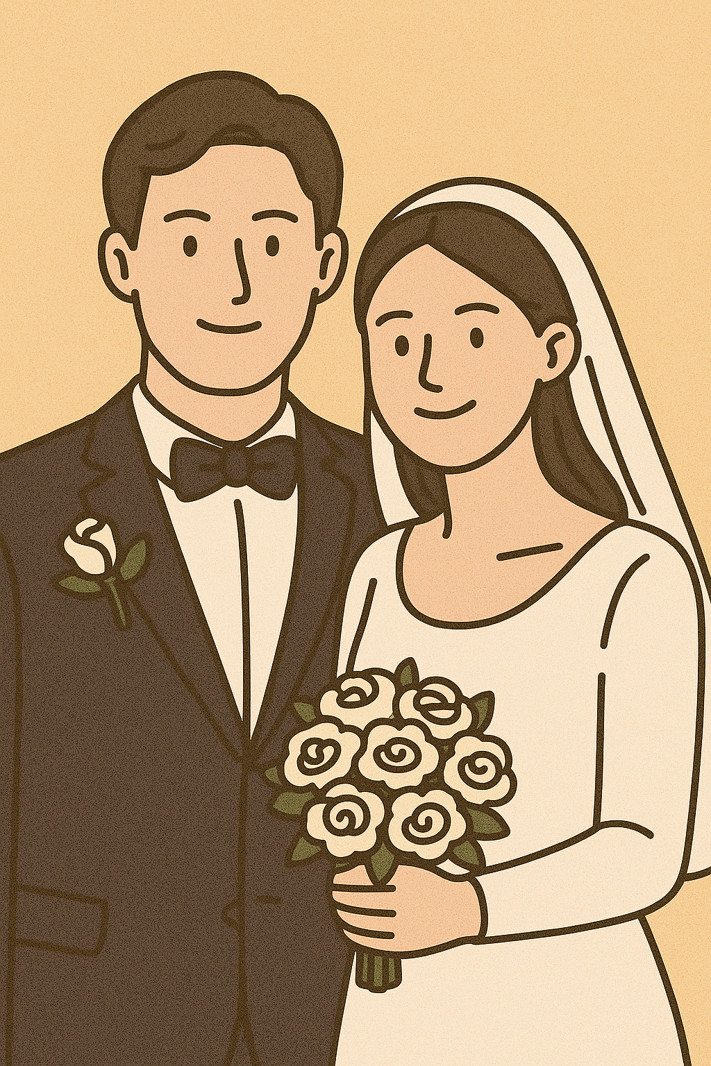 웨딩드레스를 입은 신부와 턱시도를 입은 신랑이 함께 포즈를 취한 신혼부부 일러스트 사진
