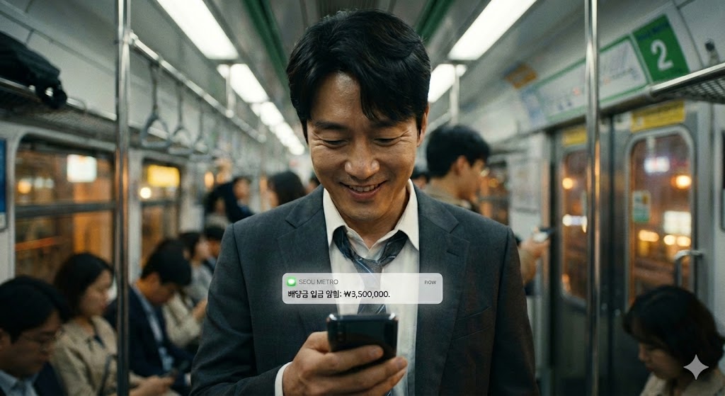 직장인이 스마트폰으로 월급 외에 또 다른 입금 알림을 보며 미소 짓는 모습, 밝고 희망찬 분위기