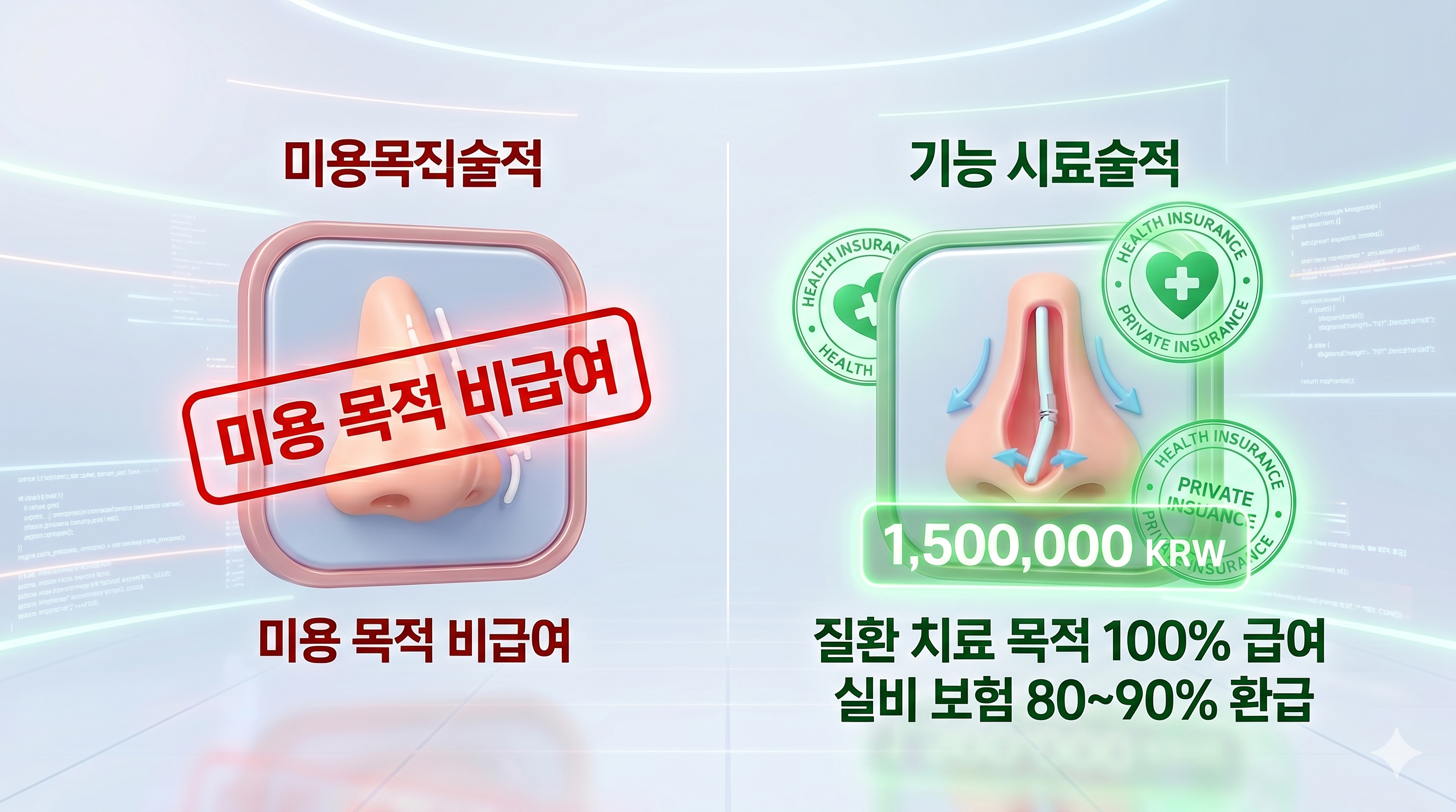 미용 목적의 코 성형은 100% 비급여로 처리되지만, 코막힘을 해결하는 질환 치료 목적의 비중격 교정술은 100만 원~200만 원의 수술비 중 80~90%를 실비 보험으로 환급받는 과정을 설명하는 인포그래픽