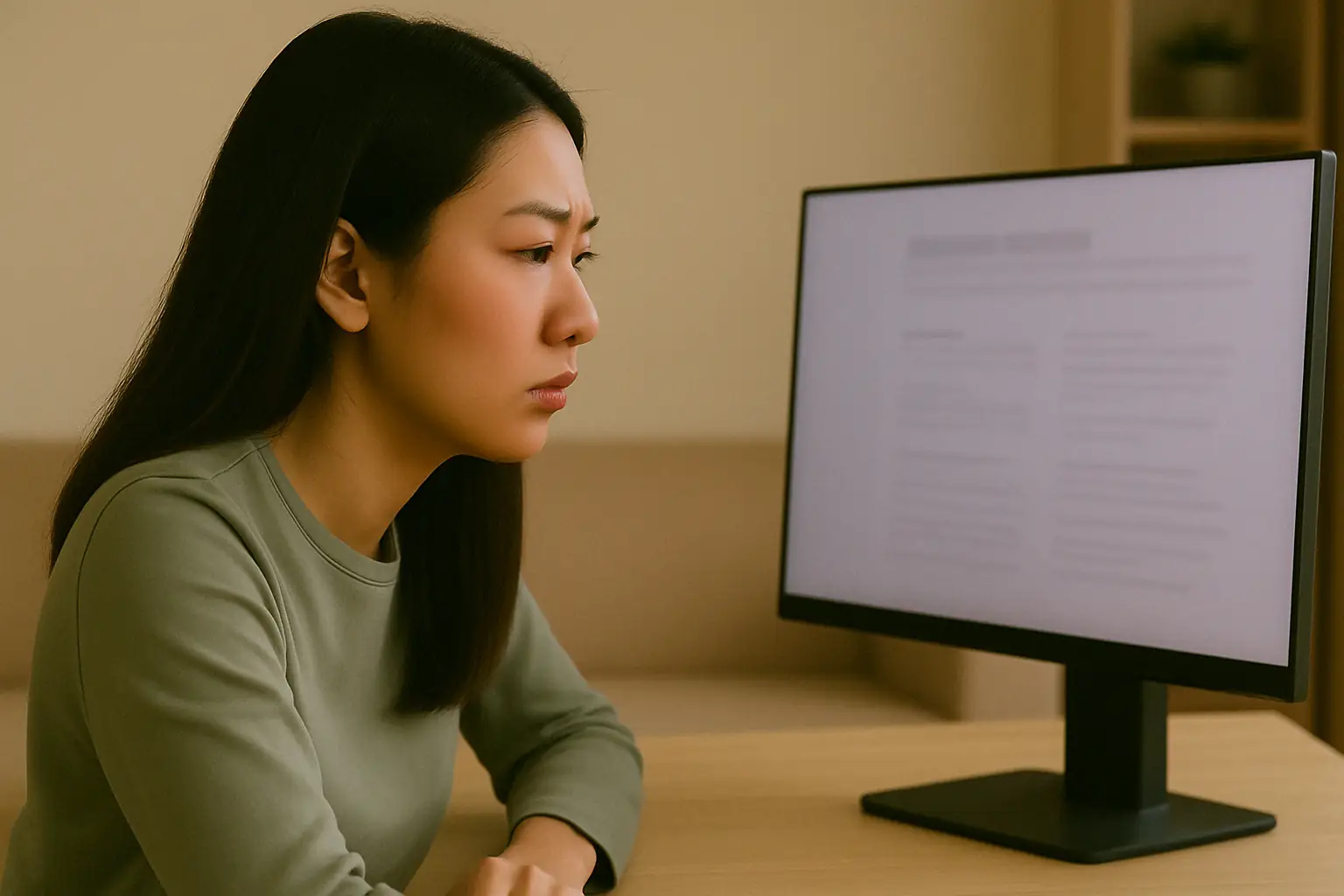 긴 머리 여성, 책상 앞에서 건강보험공단 웹사이트 화면을 주시하며 집중하는 모습