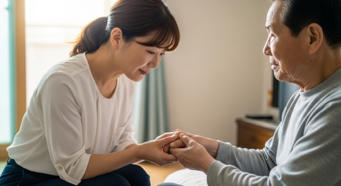 요양보호사가 노인의 손을 잡고 있는 장면