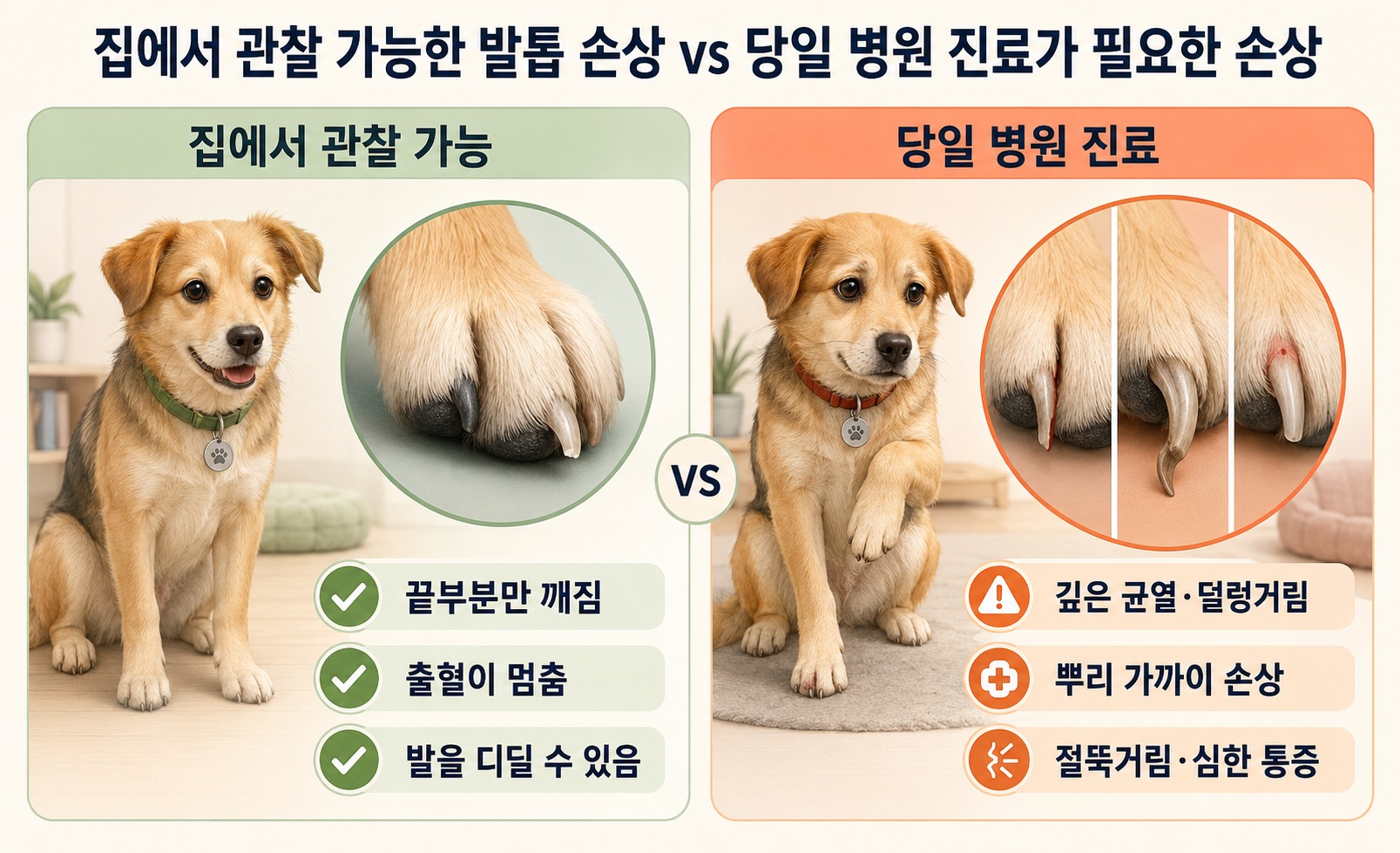 강아지 발톱 손상 정도에 따라 집에서 관찰 가능한 경우와 당일 동물병원 진료가 필요한 경우 비교 이미지