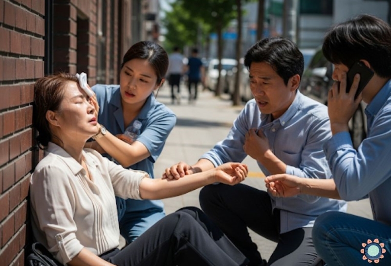 폭염 속에서 온열질환으로 쓰러진 여성에게 응급처치를 하는 사람들 - 열사병 전조증상 발견 시 즉시 대처법 VIA CANVA