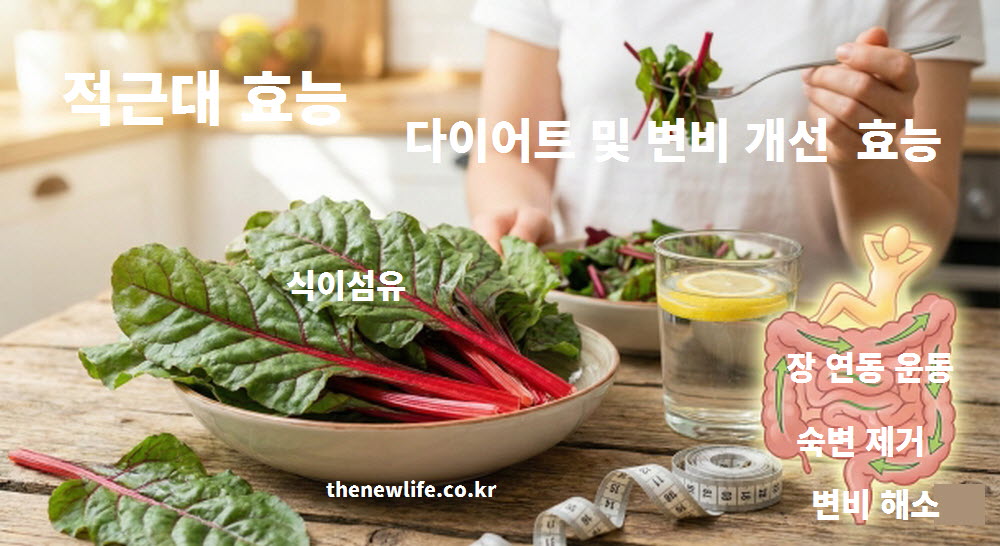 식이섬유가 풍부하여 다이어트와 변비 개선에 탁월한 적근대 효능을 장 운동 그래픽으로 설명하는 이미지