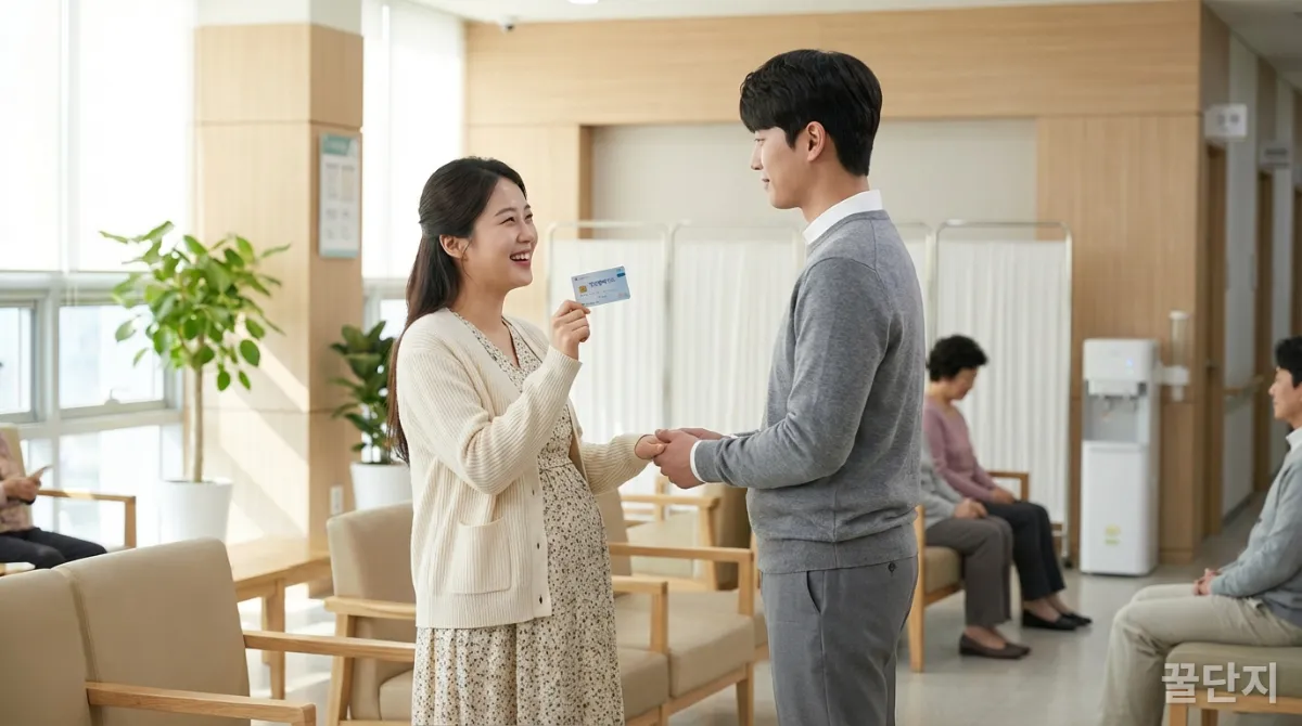 국민행복카드를 들고 있는 한국인 임산부와 배우자