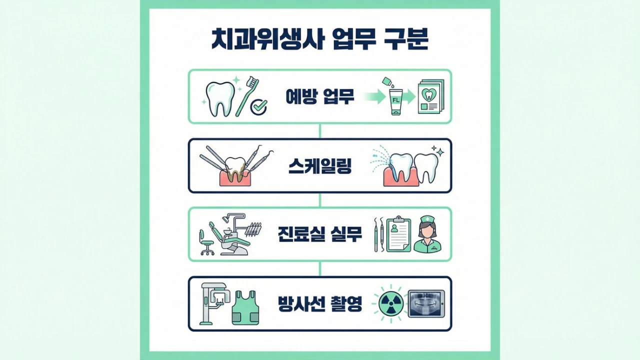 치과위생사 업무 구분 예방 업무 스케일링 진료실 실무 방사선 촬영 보조이미지