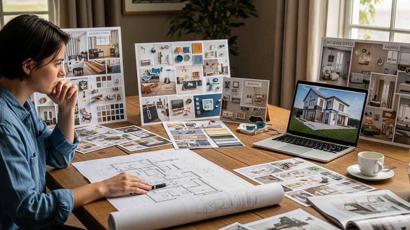리모델링 계획을 고민하는 사람과 인테리어 디자인 시안