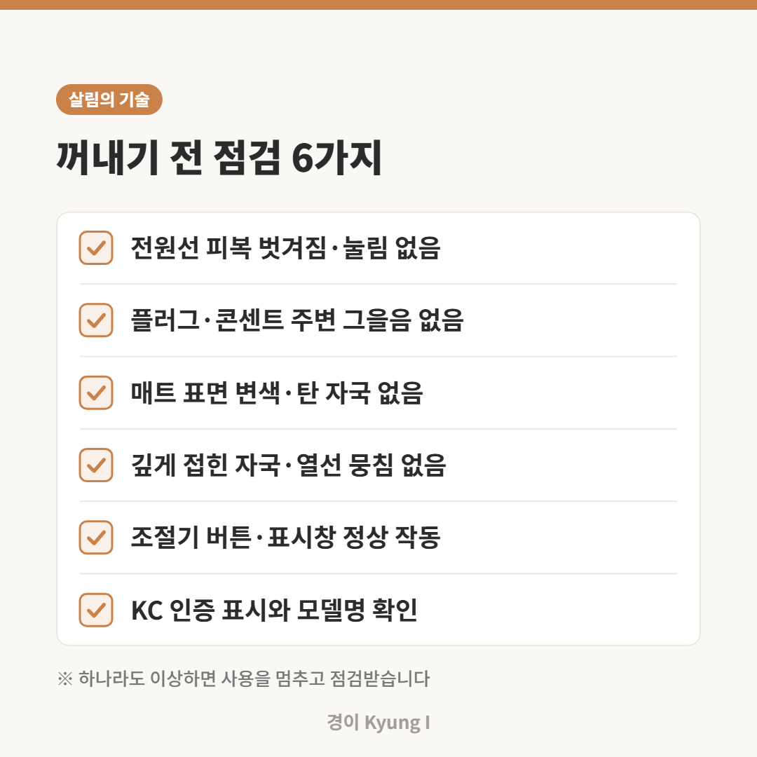 전기장판 꺼내기 전 전원선, 플러그, 표면, 접힌 자국, 조절기, KC 표시를 확인하는 체크리스트 카드