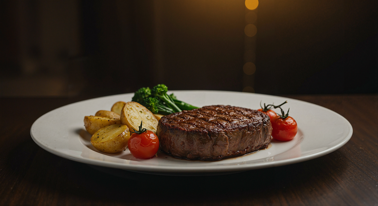 고급지고 먹음직스러운 스테이크가 담긴 한접시 사진