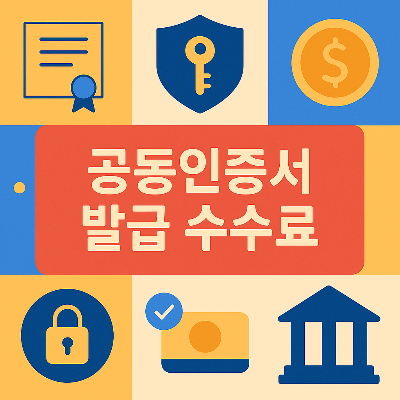 중앙 텍스트와 함께 인증서, 자물쇠, 은행 아이콘이 배치된 수수료 정보 안내용 플랫 그래픽.