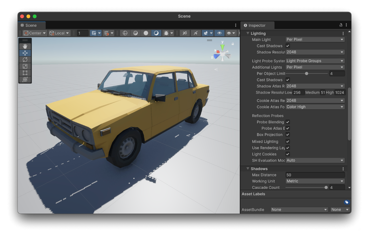 Unity 그림자 피터링(Shadow Acne) 현상 예시 : 그림자 중간중간에 빈공백이 보인다.