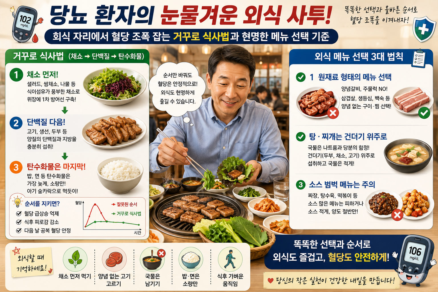 당뇨 환자가 회식과 외식 자리에서 채소를 먼저 먹고 단백질과 탄수화물을 순서대로 섭취하며 혈당을 관리하는 거꾸로 식사법을 표현한 일러스트