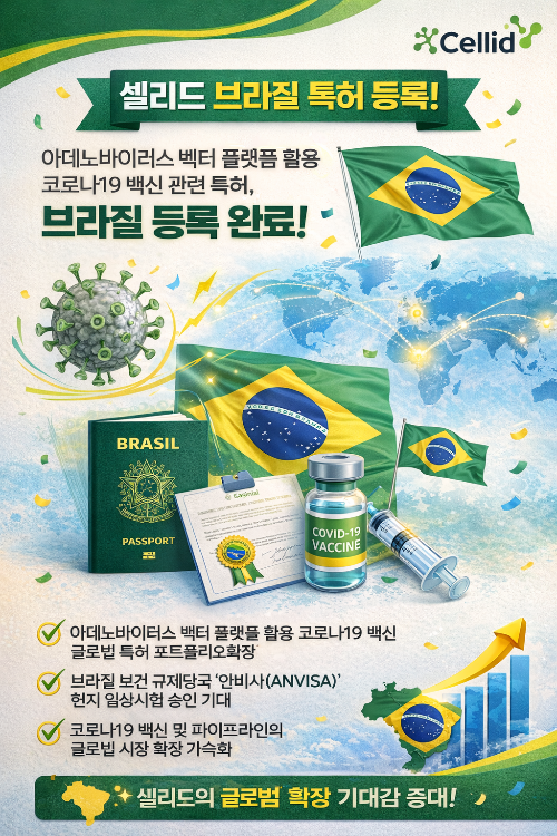 셀리드 브라질 특허 등록 (아데노바이러스 벡터, 코로나19 백신, 글로벌 확장)