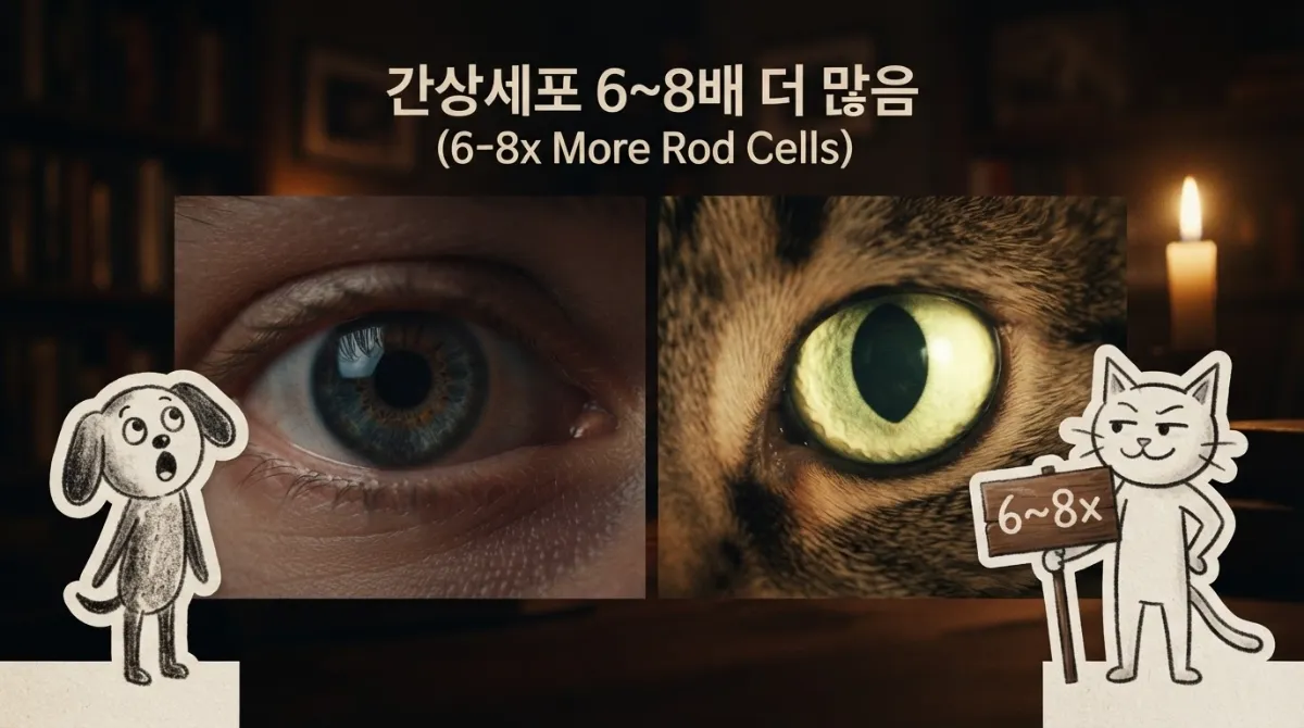 촛불 아래 작은 동공의 사람 눈과 넓게 확장된 동공의 빛나는 고양이 눈을 나란히 비교한 일러스트 옆에 Stick Dog과 Stick Cat 캐릭터가 감탄하는 실사 결합 믹스드 아트