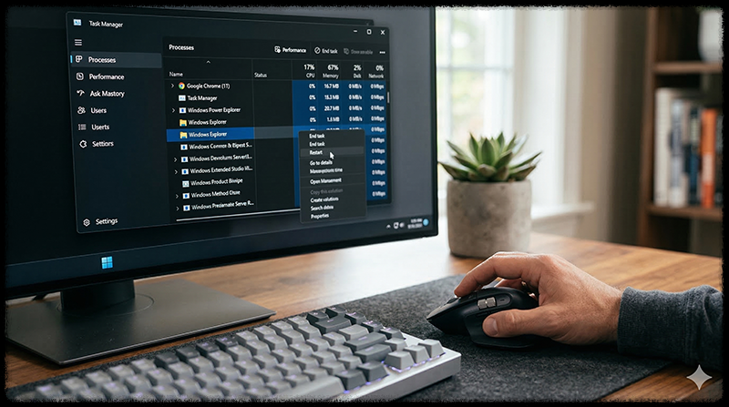 윈도우 작업 관리자에서 Windows Explorer를 재시작하는 모습
