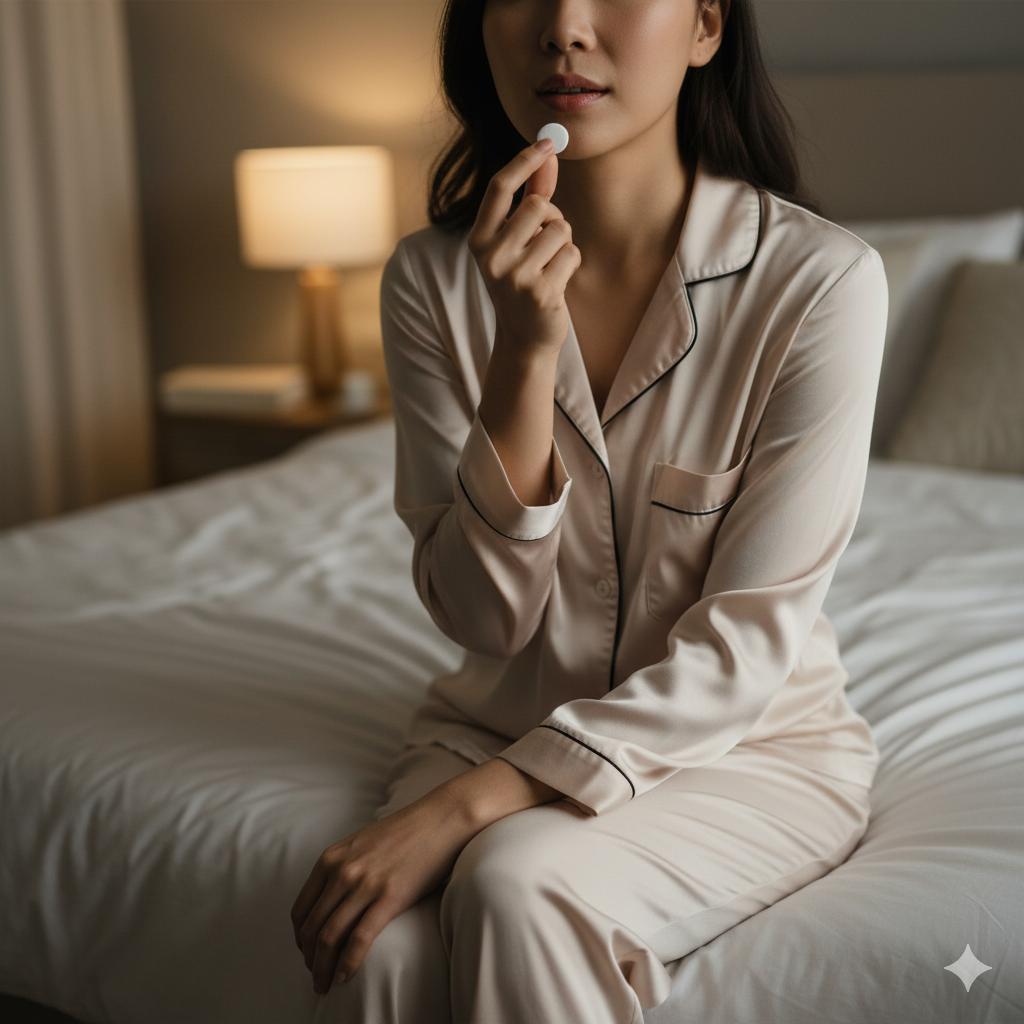 아늑한 침실, 잠들기 전 캔디형 구강 유산균 정제를 입에 넣으려는 지적인 여성 모델.