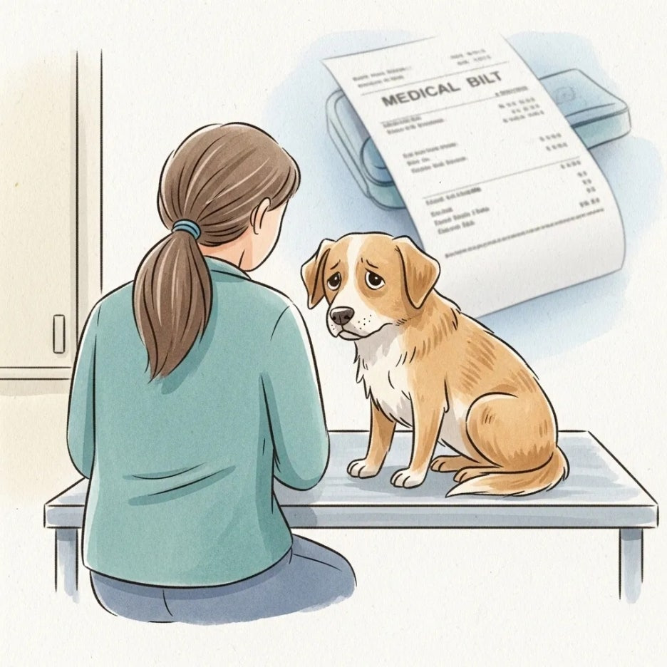 걱정스러운 표정으로 진료를 받는 강아지