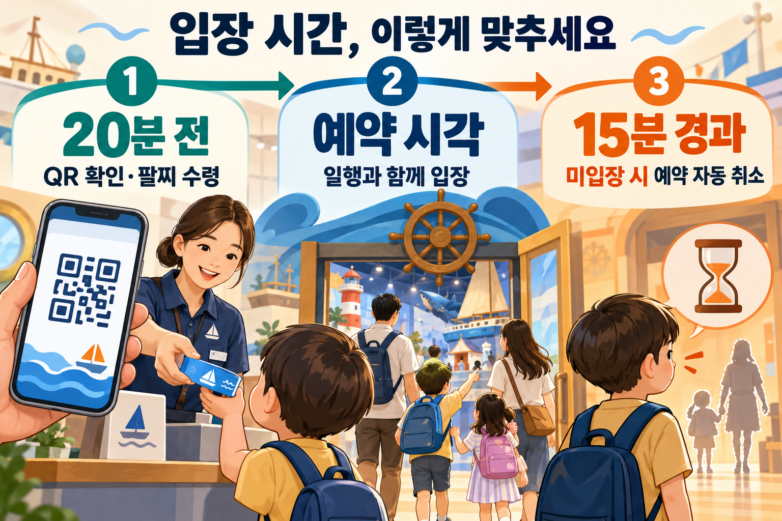예약20분 전부터 QR 확인과 팔찌 수령, 예약 시각 입장, 시작15분이 지나도록 미입장하면 예약 취소