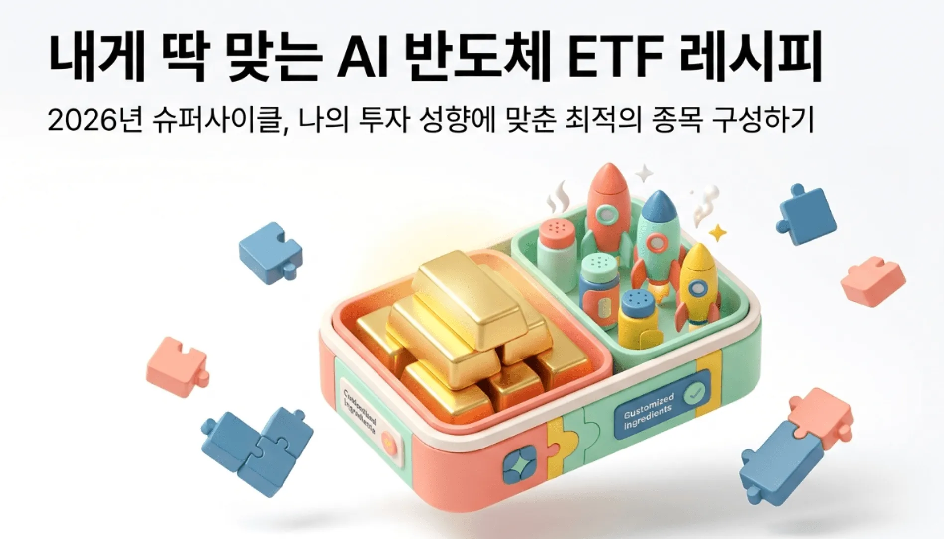 AI반도체ETF비교: ’내게 딱 맞는 AI 반도체 ETF 레시피'라는 제목과 '2026년 슈퍼사이클, 나의 투자 성향에 맞춘 최적의 종목 구성하기'라는 부제가 포함된 대표 이미지. 금괴와 로켓이 도시락 칸에 나뉘어 담긴 일러스트로 안정형과 공격형 투자 성향에 따라 AI 반도체 ETF 구성종목을 다르게 조합할 수 있음을 시각적으로 표현하며, 퍼즐 조각은 분산 투자와 포트폴리오 조합을 상징함