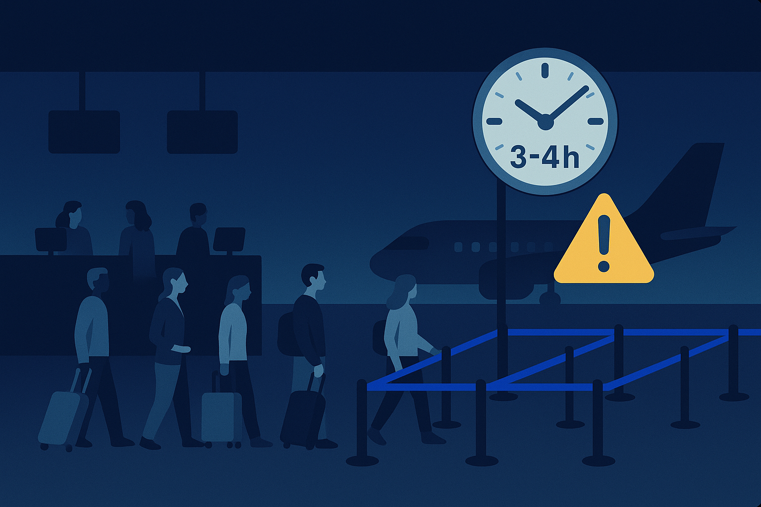어두운 배경의 공항 출국장, 긴 대기열과 탑승 수속 카운터, 파업 알림 표지가 보이는 평면 일러스트, 출발 전광판과 캐리어를 든 여행자 모습 포함
