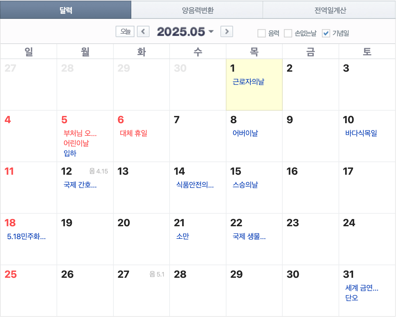 2025년 공휴일수 휴무일 알아보기