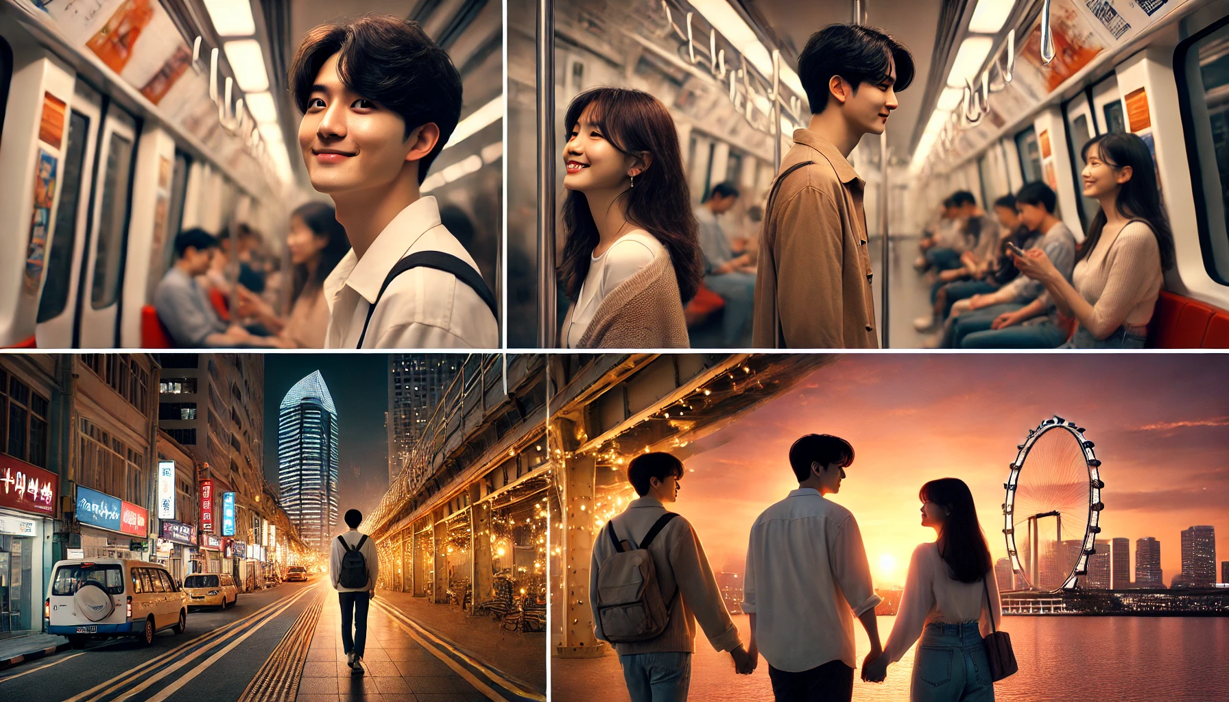 MRT에서 손잡고 이동하는 커플, 감성 골목 걷는 모습, 노을 아래 데이트하는 두 사람