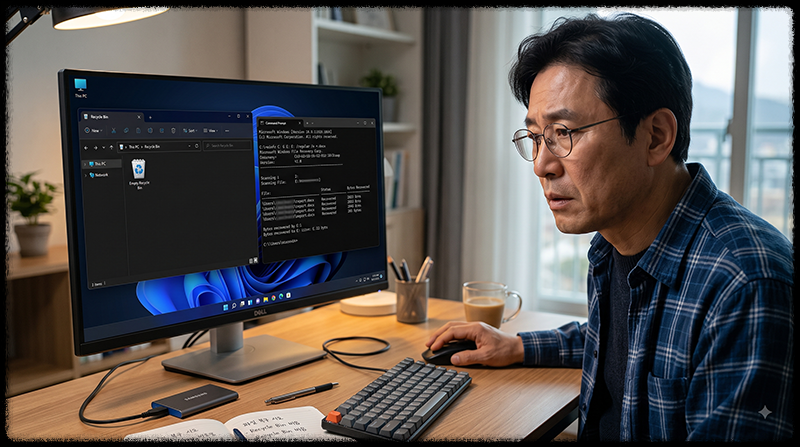 휴지통까지 비운 파일을 Windows File Recovery로 복구하는 모습