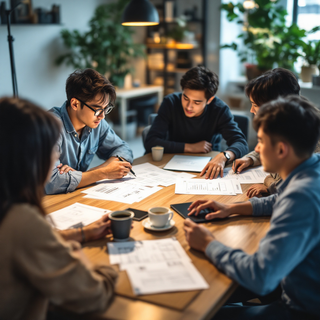 회의 테이블에 둘러앉아 프로토타입 문서를 검토하는 스타트업 팀원들. 노트북과 커피가 놓인 현실적인 개발 현장 모습.