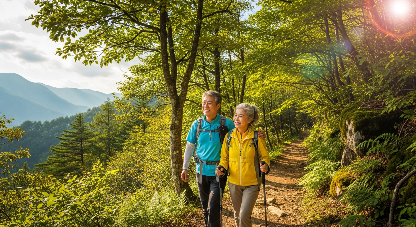 개인연금저축펀드로 경제적 자유를 얻어 아름다운 산길을 하이킹하며 활기차게 웃고 있는 60대 한국인 부부.