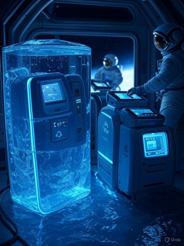 우주에서의 물 재활용 장면을 묘사