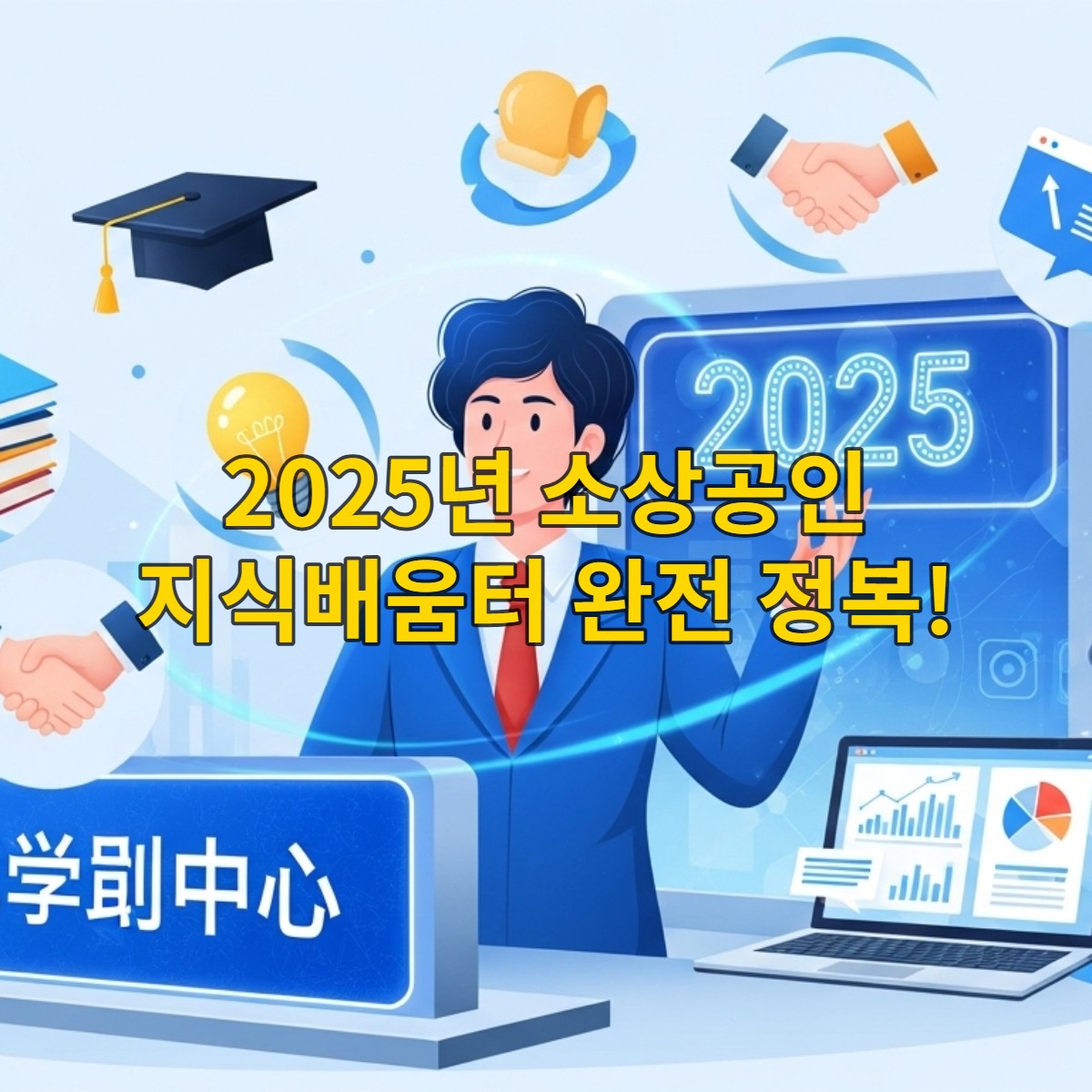 2025년 소상공인 지식배움터의 디지털 포털 앞에서 자신감 있는 모습으로 서 있는 소상공인. 주변에는 교육, 컨설팅, 정부지원사업 등을 상징하는 다양한 아이콘들이 떠 있다.